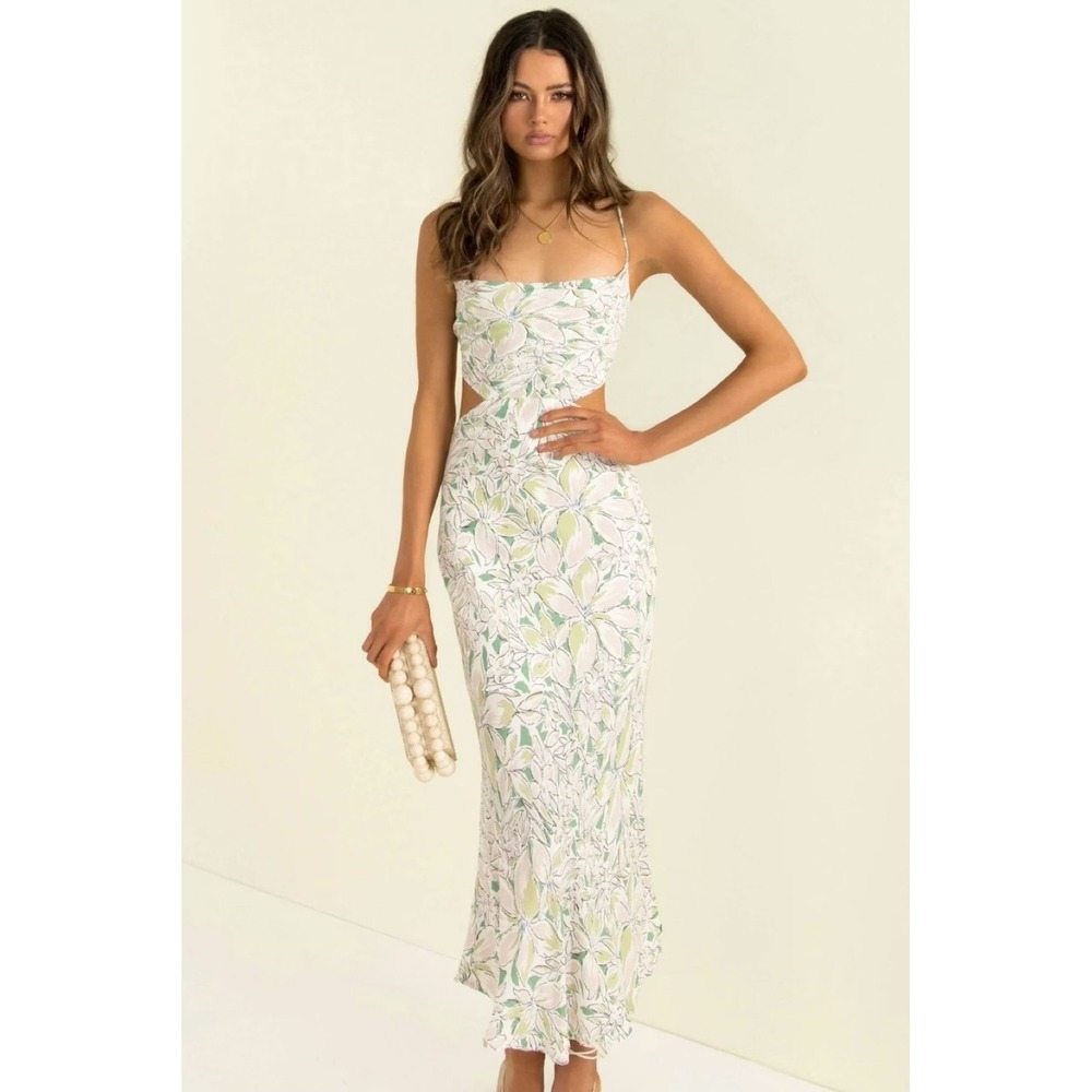 Saints + Secrets Floral Cut Out Open Back Midi Dress Green White XS Vacation